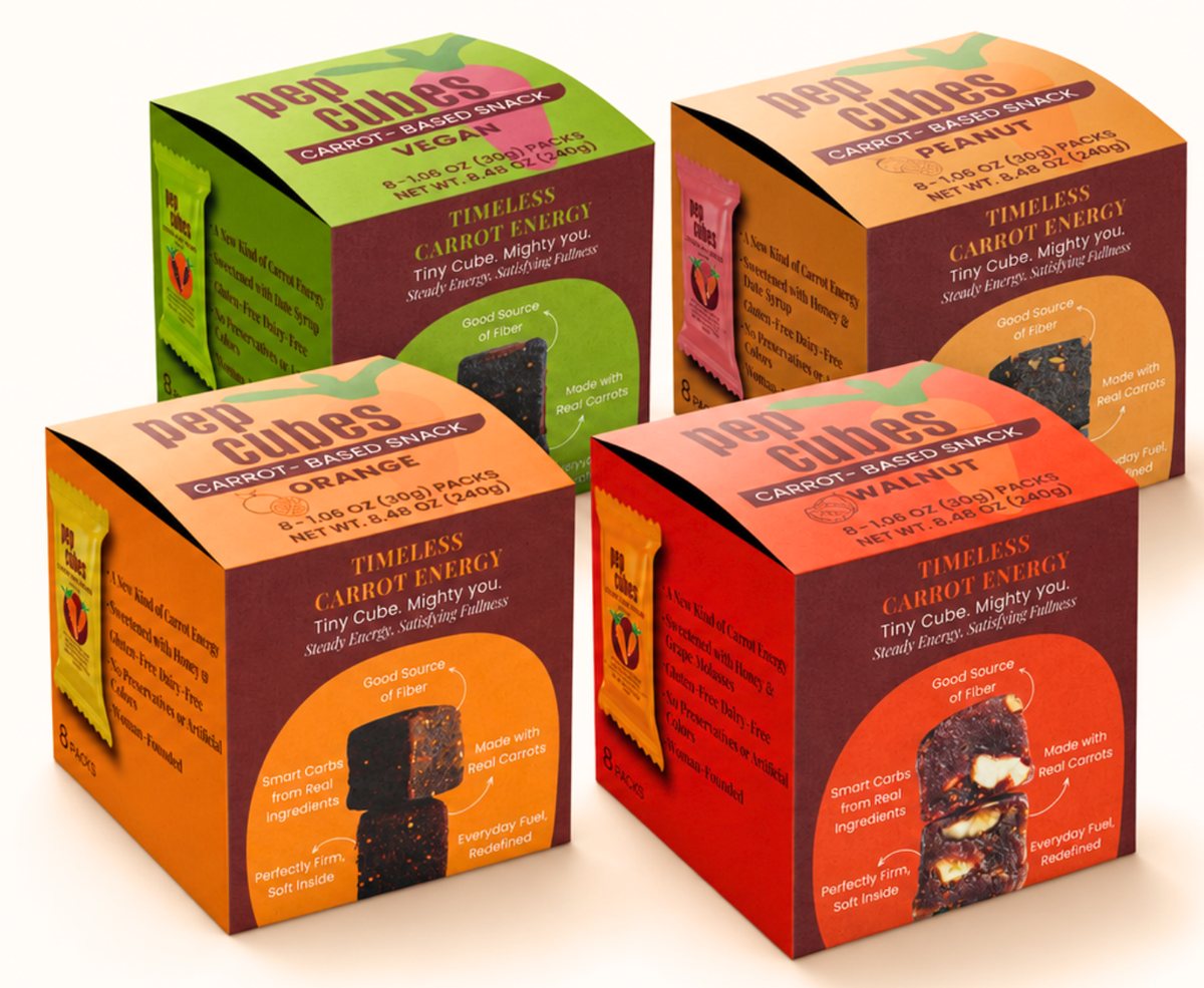 Four PepCubes boxes: Purple Carrot, Peanut, Orange and Walnut
