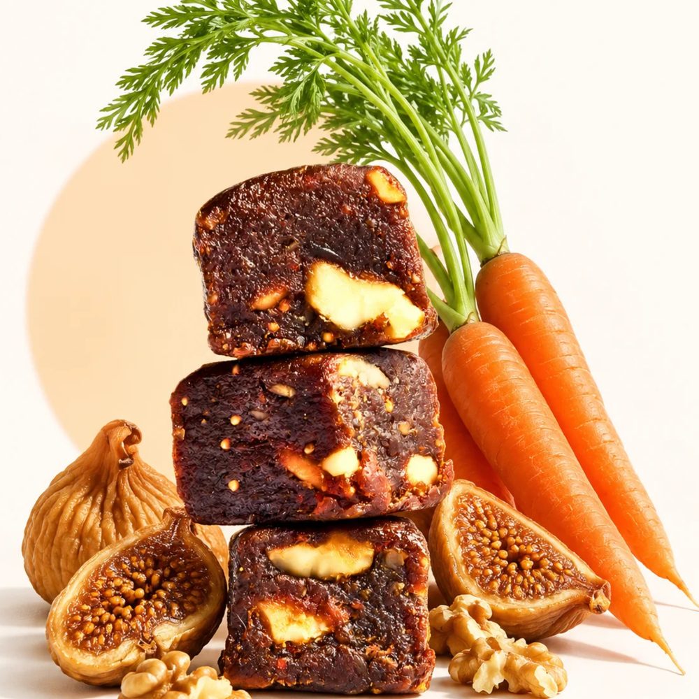 Stacked PepCubes with carrots, figs and walnuts