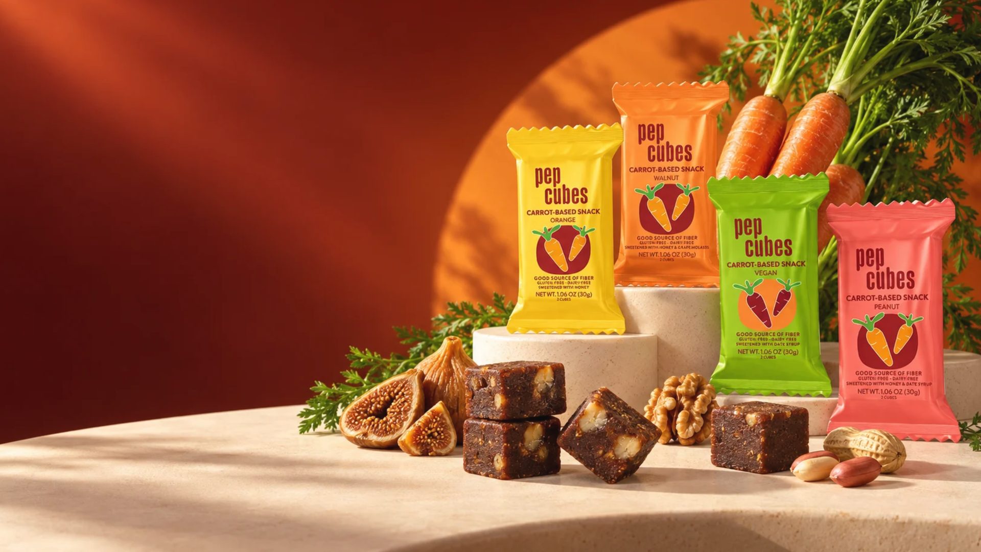 Four PepCubes packs with carrots, figs, walnuts and peanuts